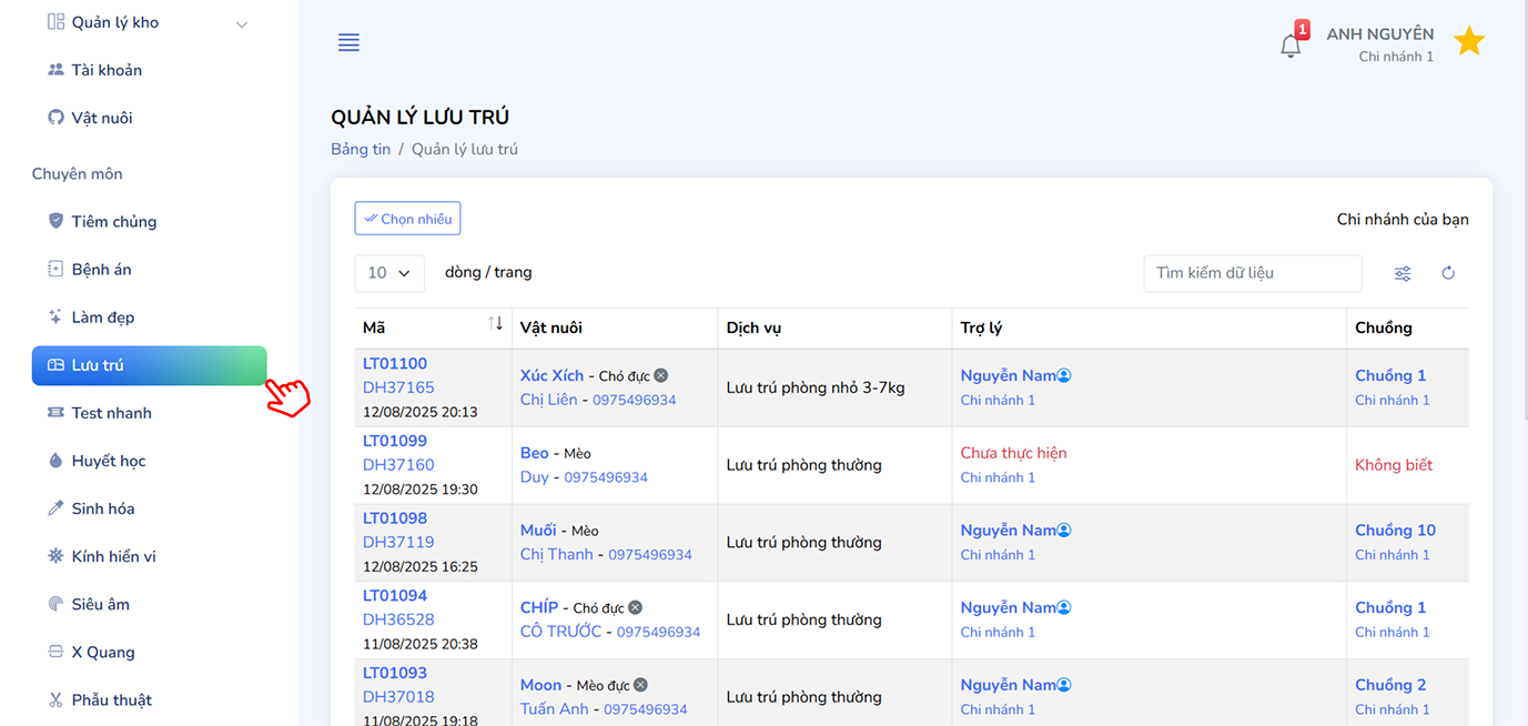 Truy cập danh sách phiếu lưu trú