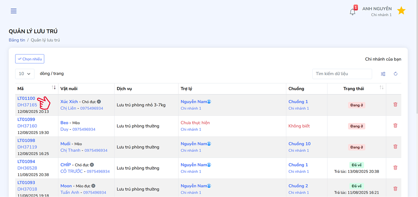 Bảng quản lý phiếu lưu trú