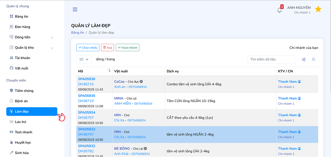 Truy cập danh sách phiếu làm đẹp
