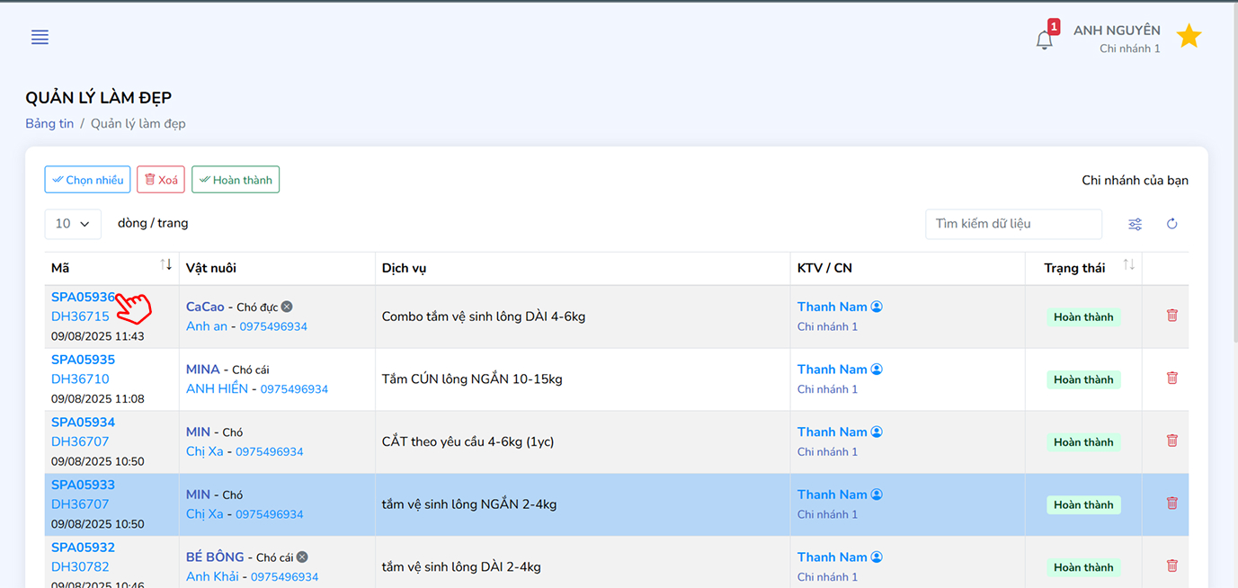 Bảng quản lý phiếu làm đẹp