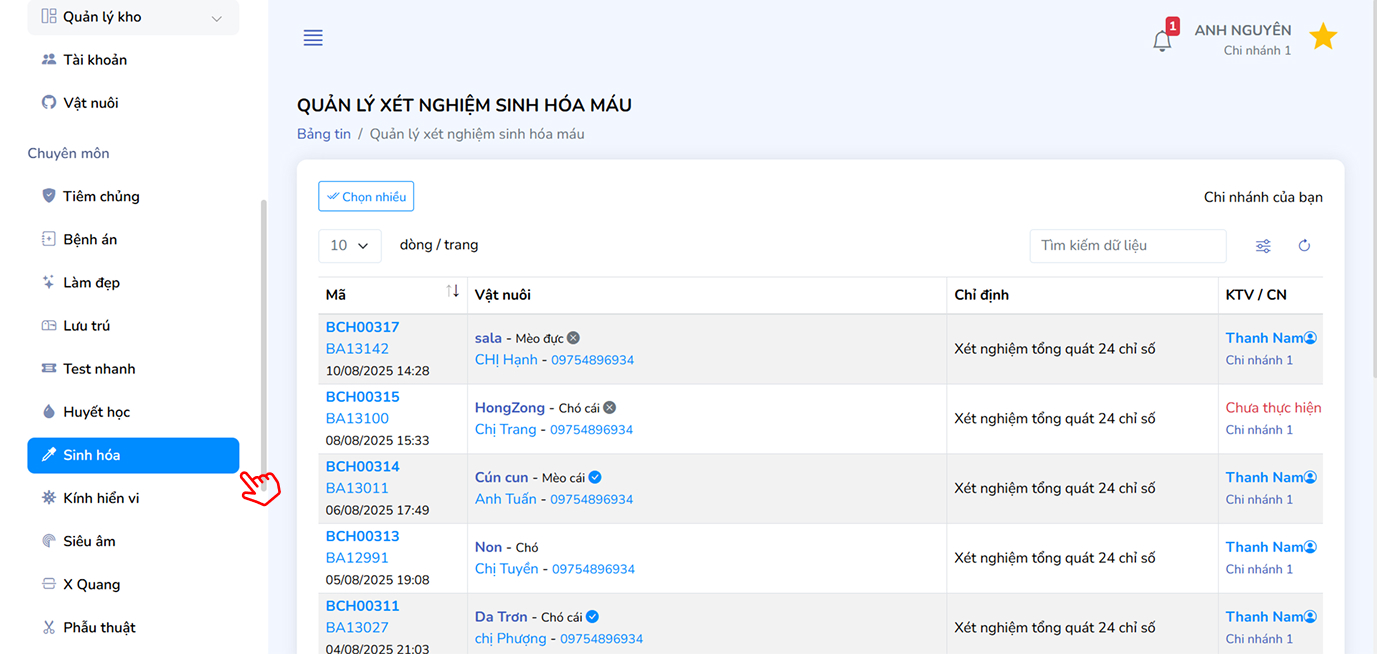 Truy cập danh sách phiếu xét nghiệm sinh hóa máu