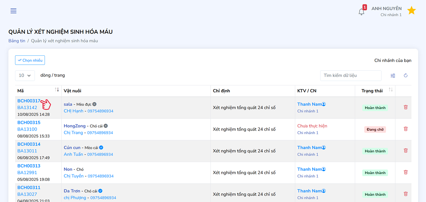 Bảng quản lý phiếu xét nghiệm sinh hóa máu