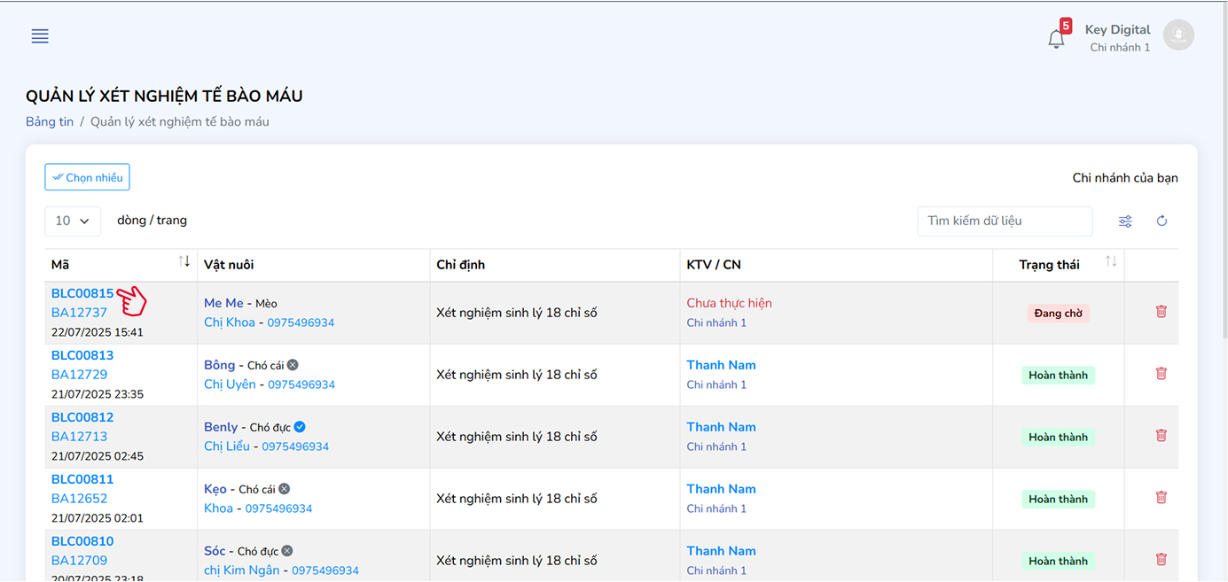 Bảng quản lý phiếu xét nghiệm tế bào máu