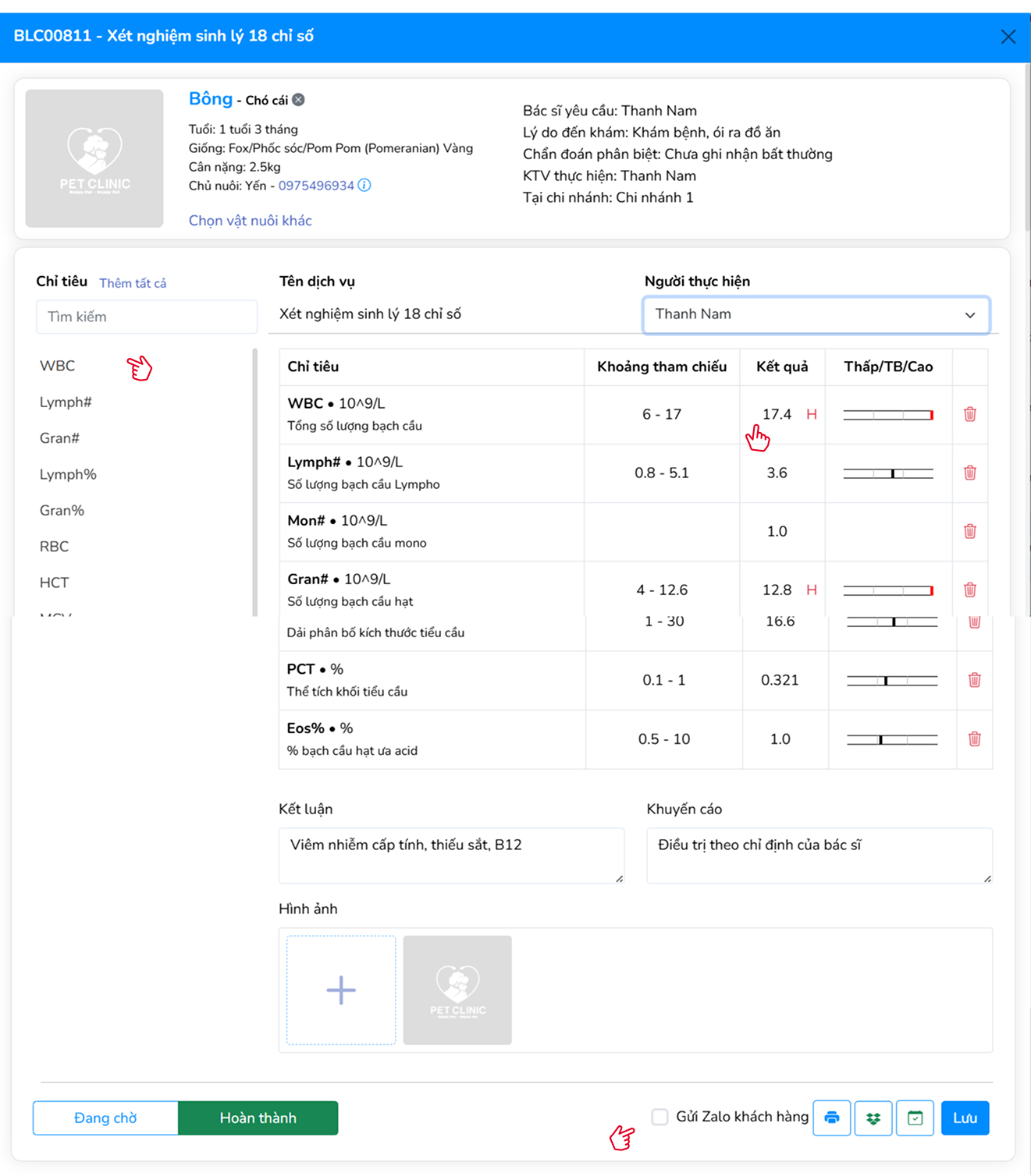 Giao diện cập nhật phiếu xét nghiệm tế bào máu