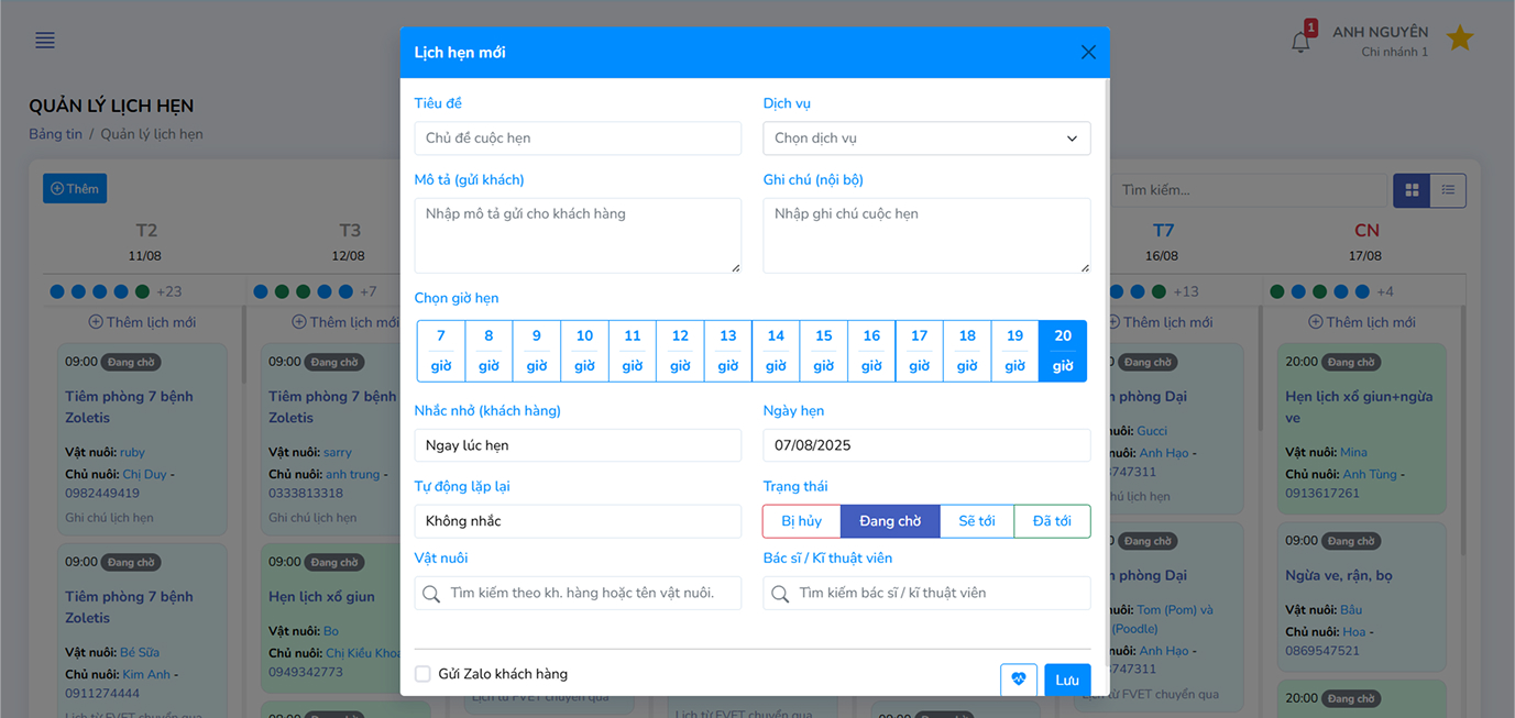 Màn hình nhập thông tin lịch hẹn
