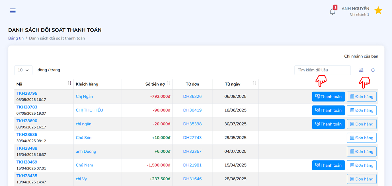 Danh sách đối soát thanh toán