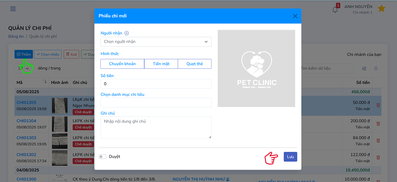 Nhập thông tin phiếu chi mới