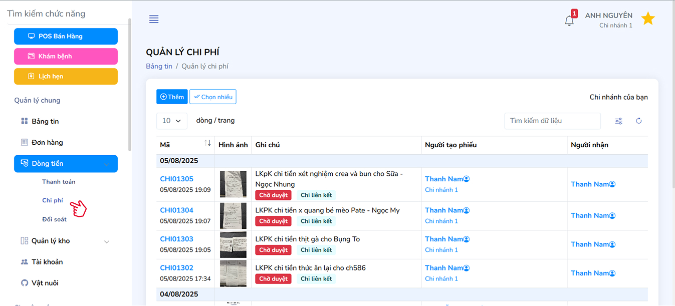 Truy cập danh sách phiếu chi