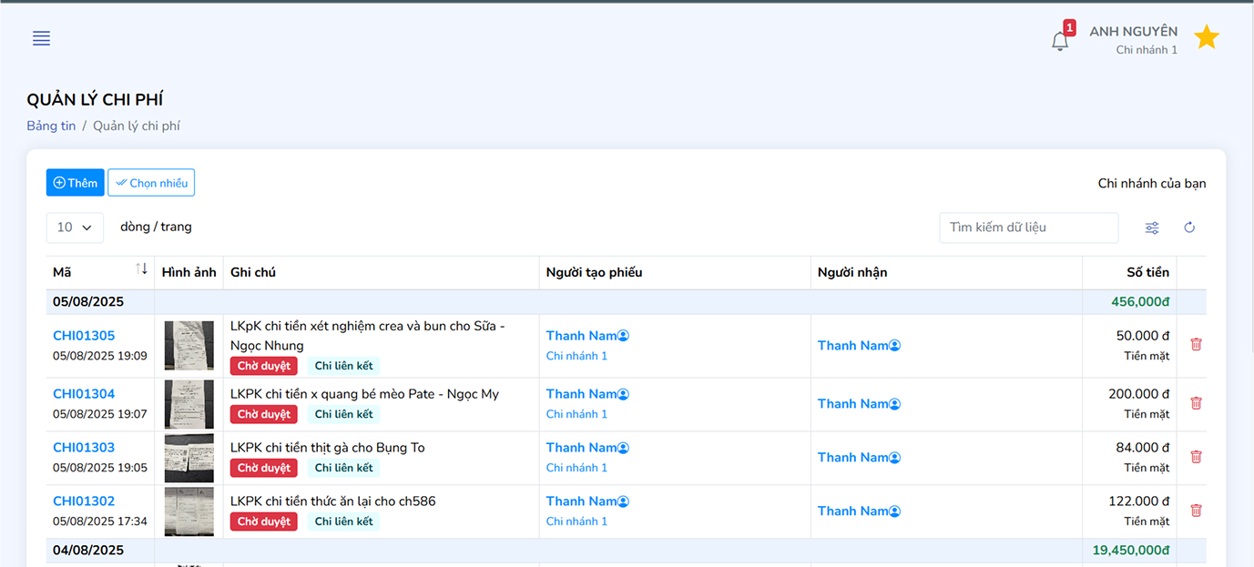 Giao diện quản lý phiếu chi