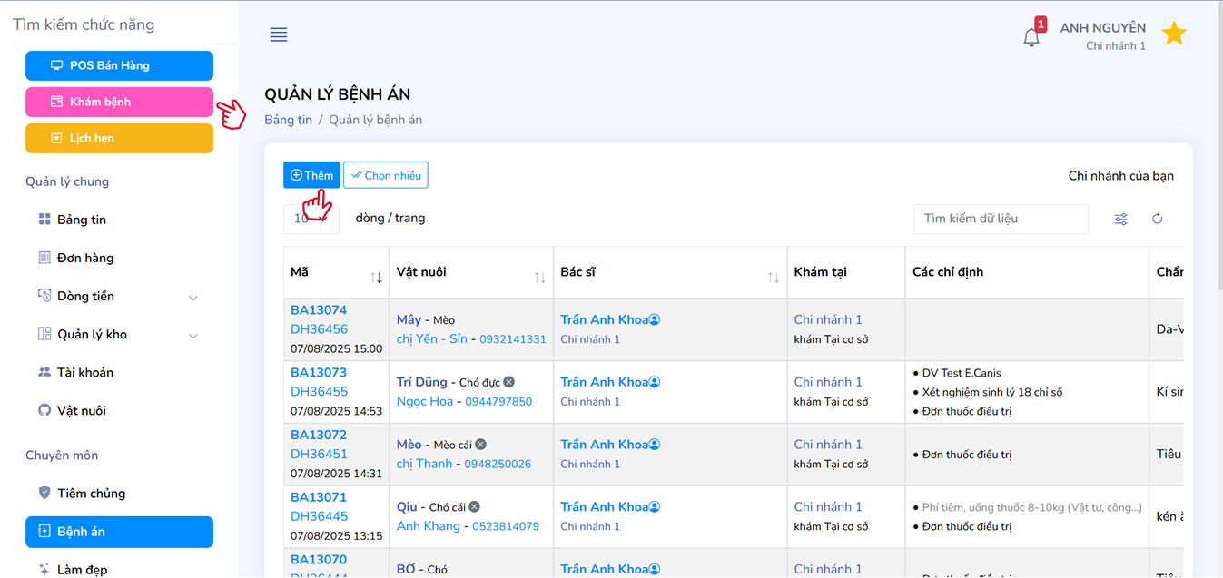 Thêm bệnh án từ giao diện quản lý