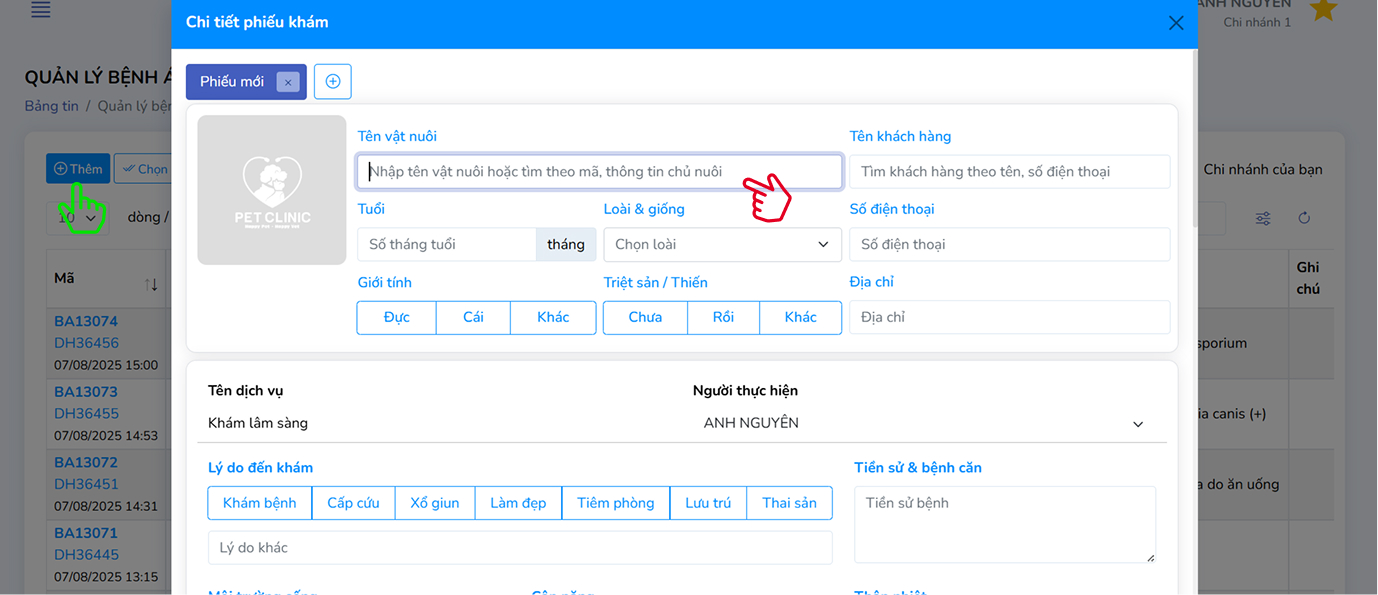 Thêm bệnh án từ menu khám bệnh