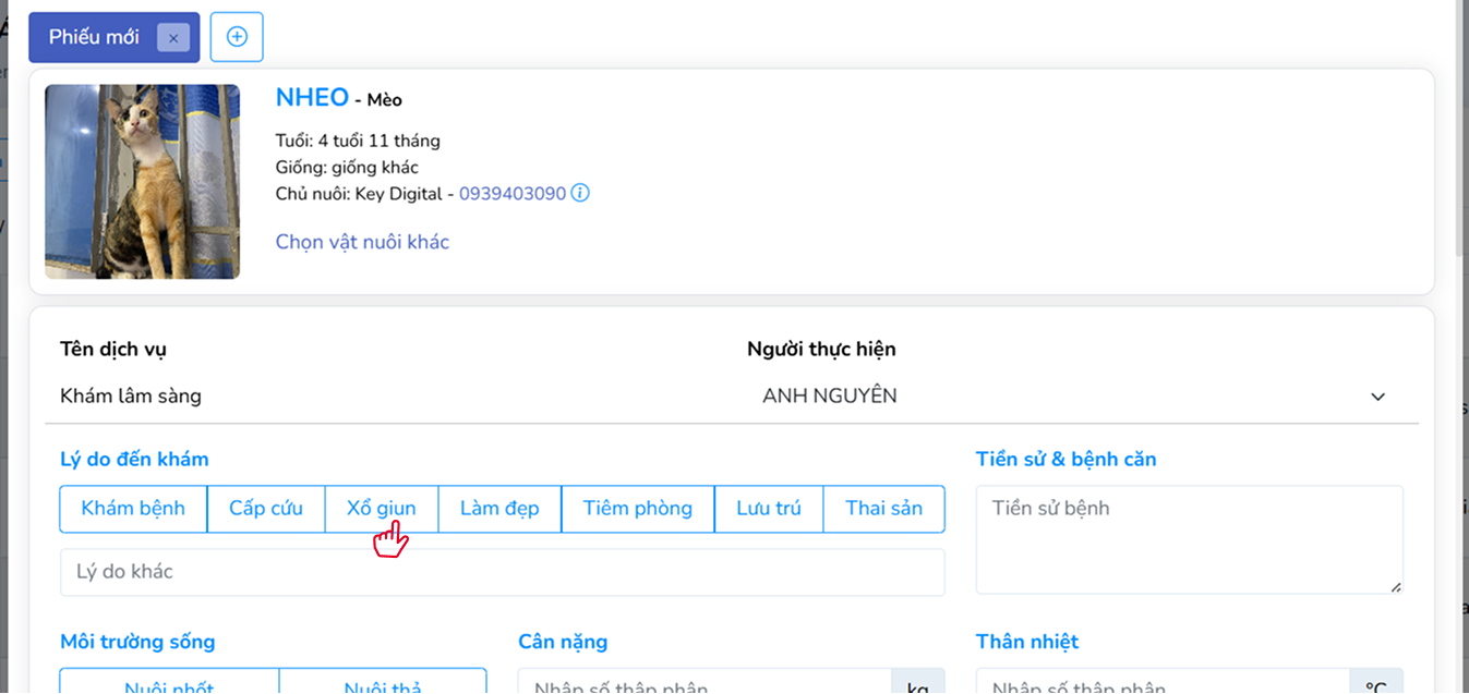 Nhập tên vật nuôi khi tạo phiếu khám