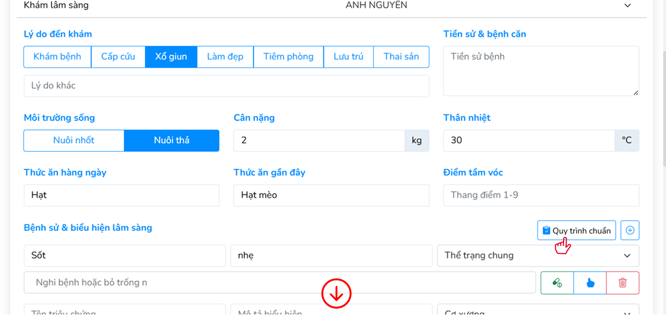 Giao diện ghi nhận thông tin khám lâm sàng