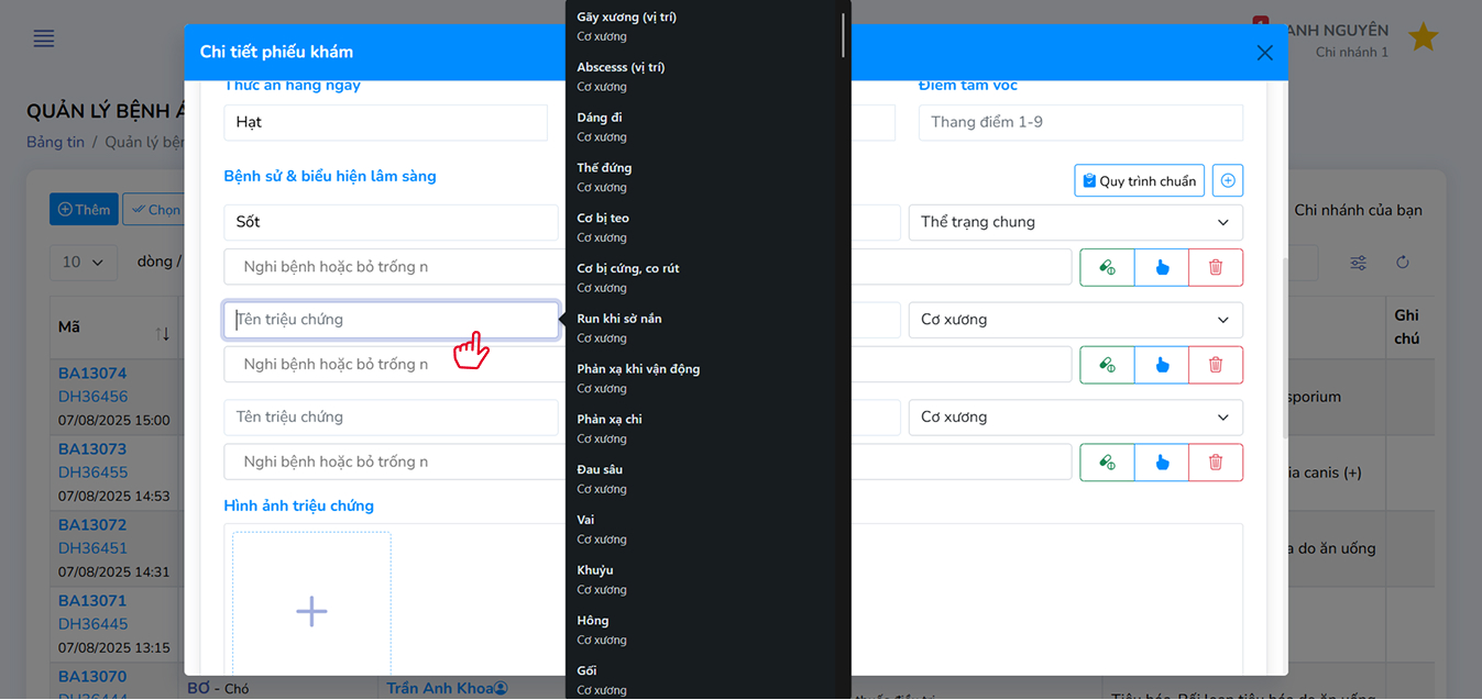 Thêm biểu hiện lâm sàng theo quy trình chuẩn