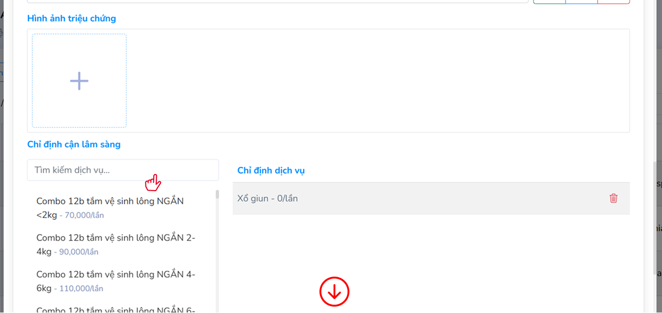Chọn chỉ định sử dụng dịch vụ cho phiếu khám