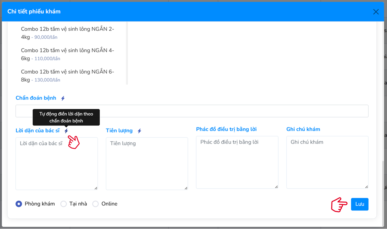 Nhập chẩn đoán và lời dặn của bác sĩ