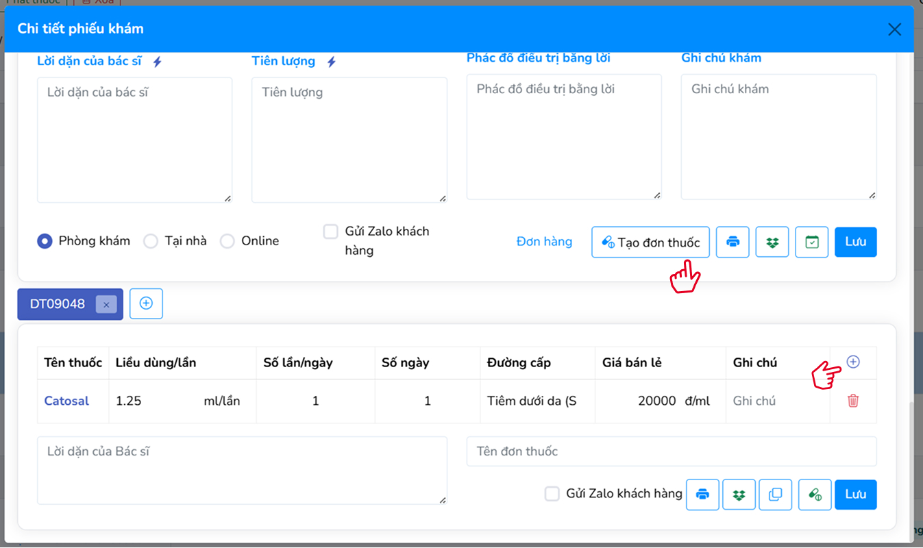 Giao diện thêm đơn thuốc điều trị