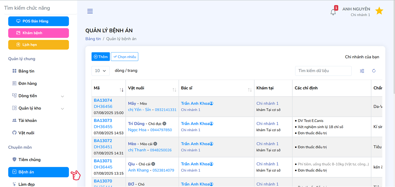 Giao diện truy cập danh sách bệnh án