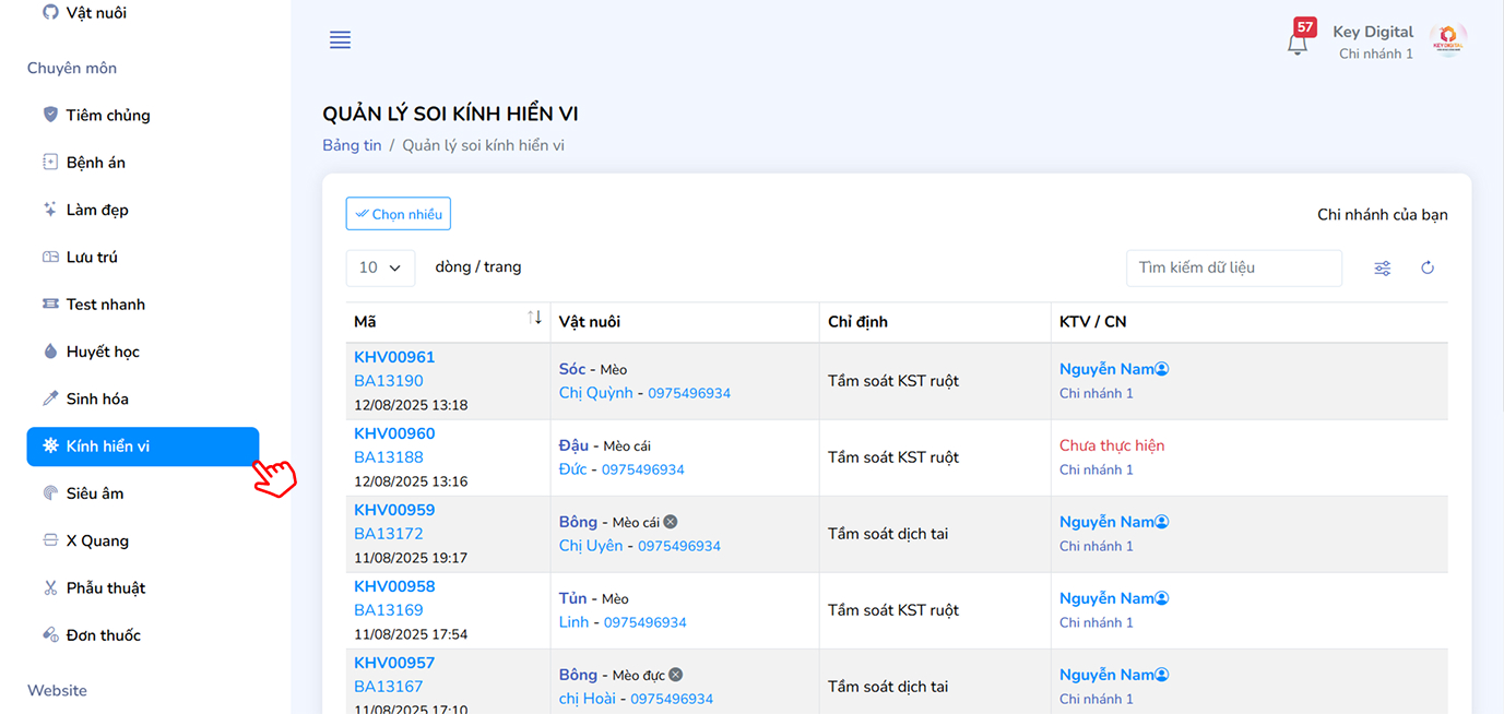 Truy cập danh sách phiếu soi kính hiển vi