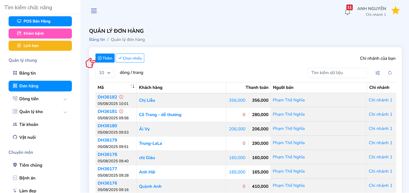 Giao diện danh sách đơn hàng