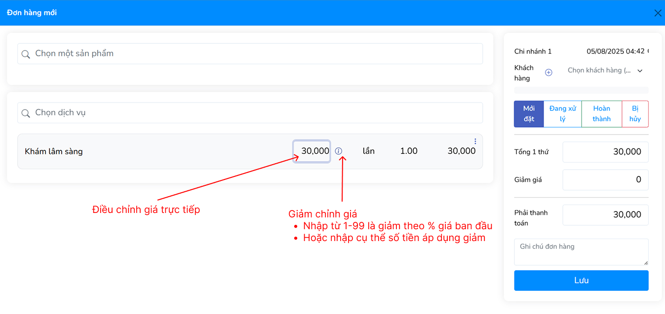 Tạo đơn hàng với dịch vụ