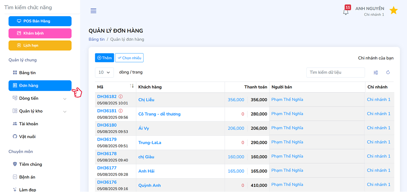 Giao diện truy cập quản lý đơn hàng