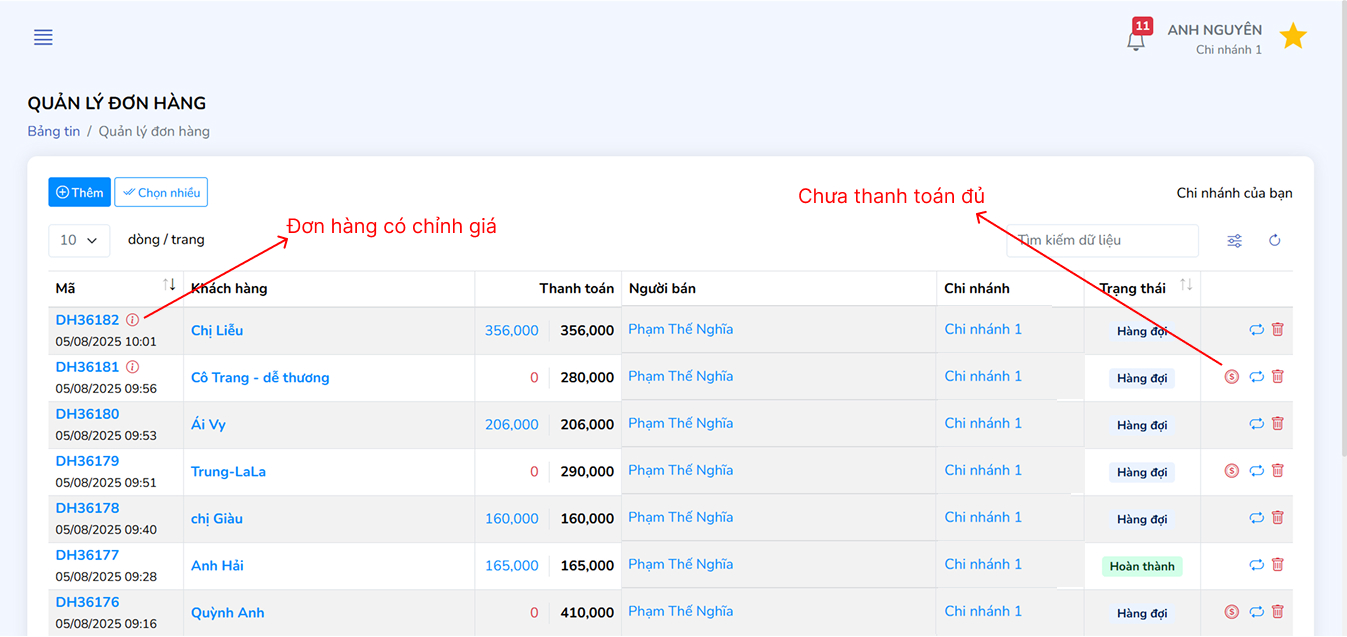 Danh sách đơn hàng