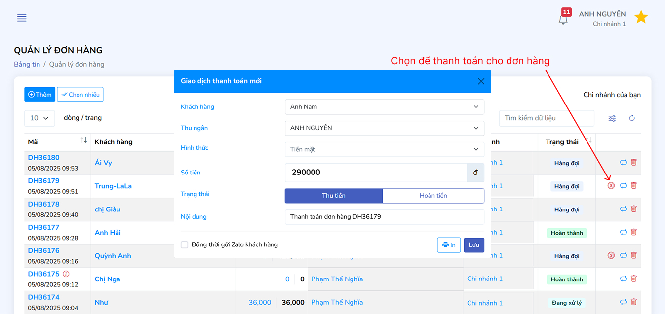 Thanh toán từ danh sách đơn hàng