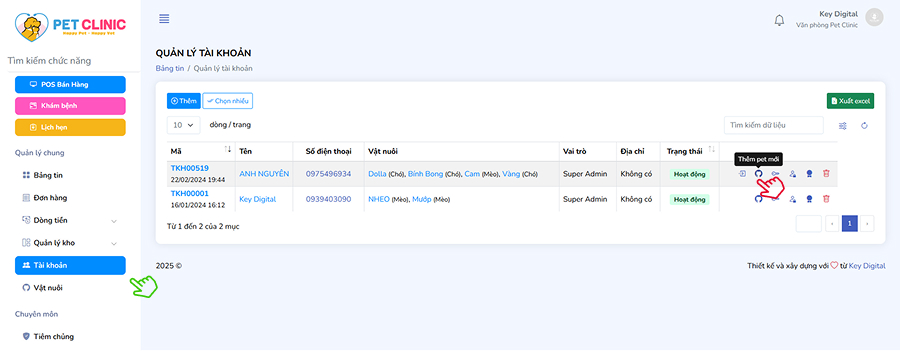 Thêm pet từ tài khoản khách hàng