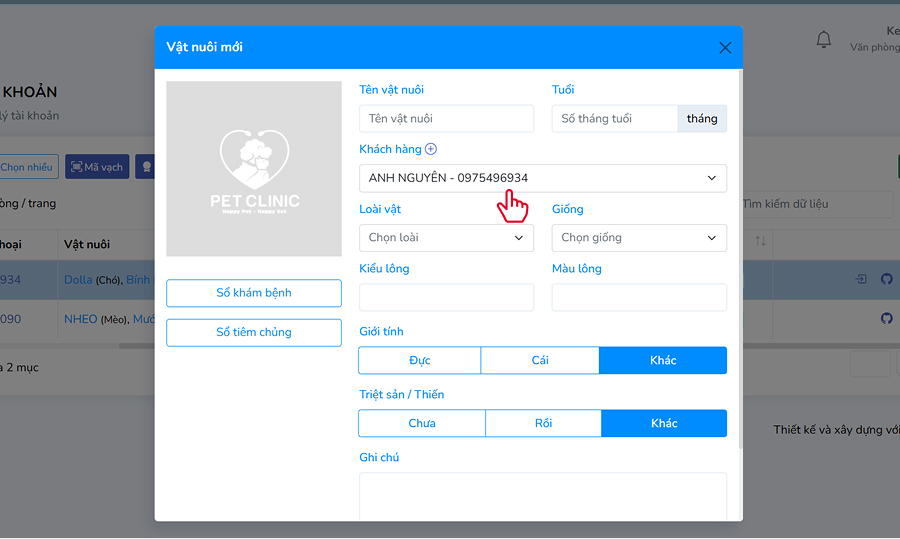Biểu mẫu thêm thú cưng có sẵn thông tin khách hàng