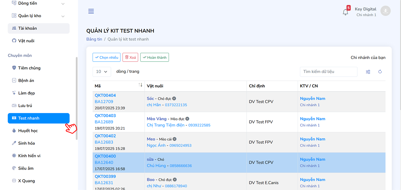 Truy cập danh sách phiếu test nhanh