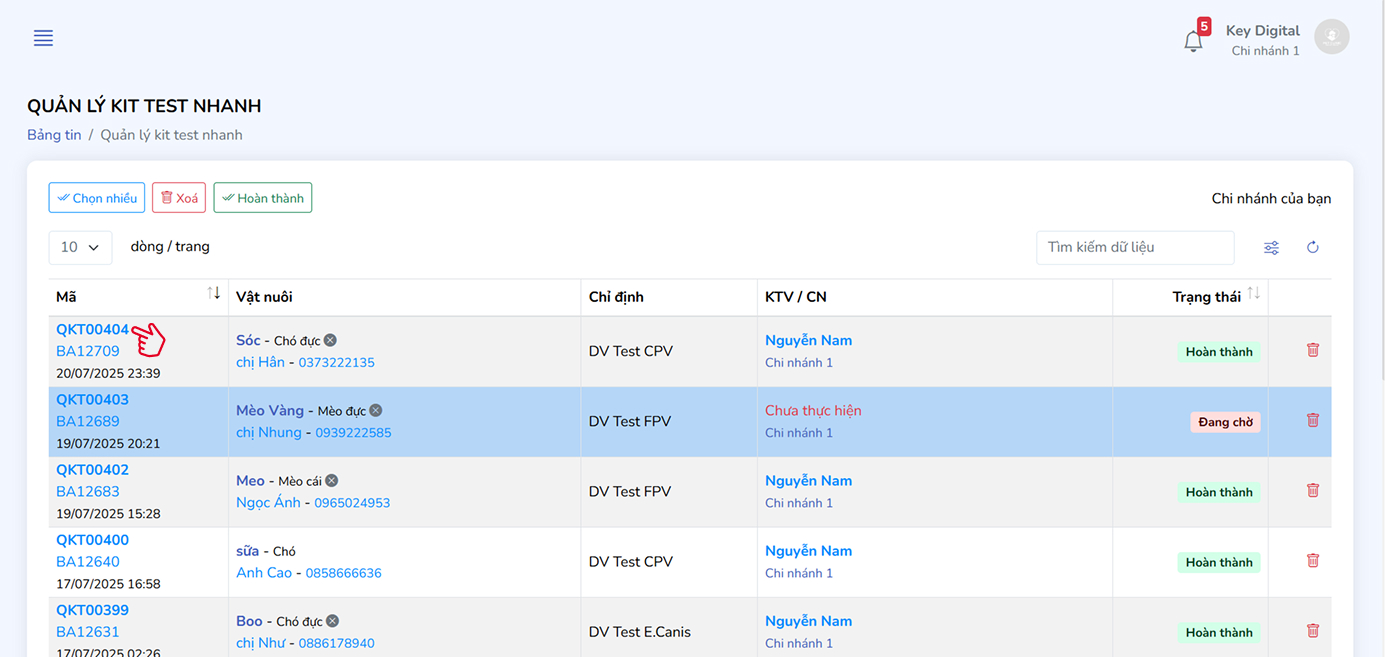 Bảng quản lý phiếu test nhanh