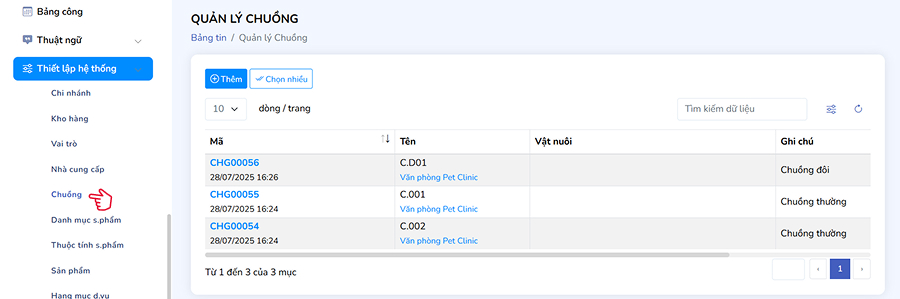 Danh sách chuồng hiện có