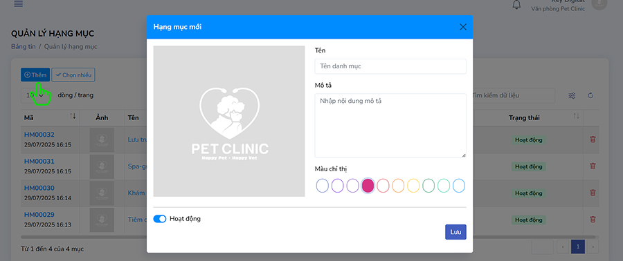 Thêm mới hạng mục dịch vụ