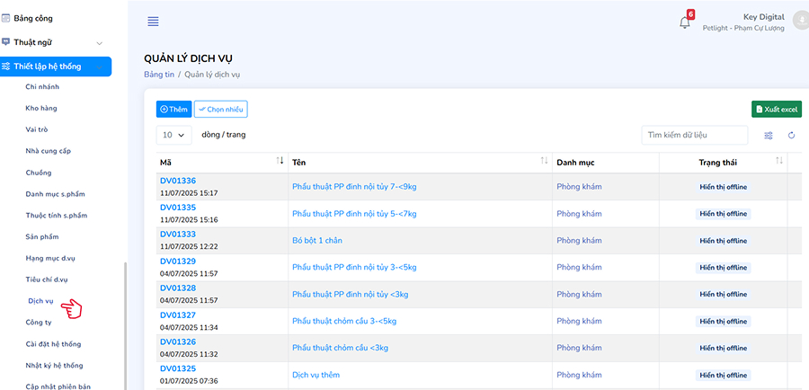 Danh sách dịch vụ