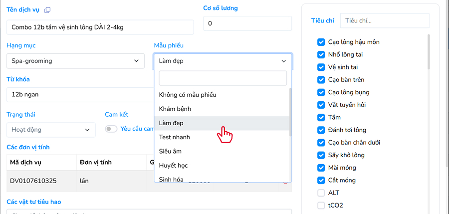 Chọn tiêu chí dịch vụ