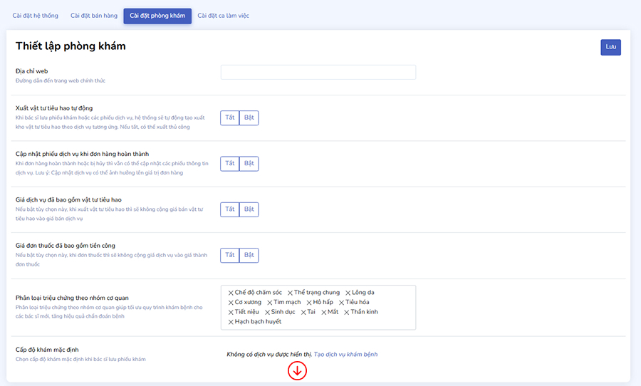Vị trí thiết lập phiếu khám