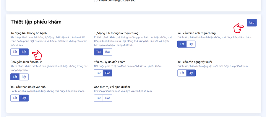 Khu vực các nút thiết lập phiếu khám