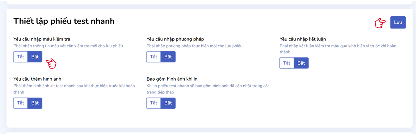 Thiết lập phiếu test nhanh