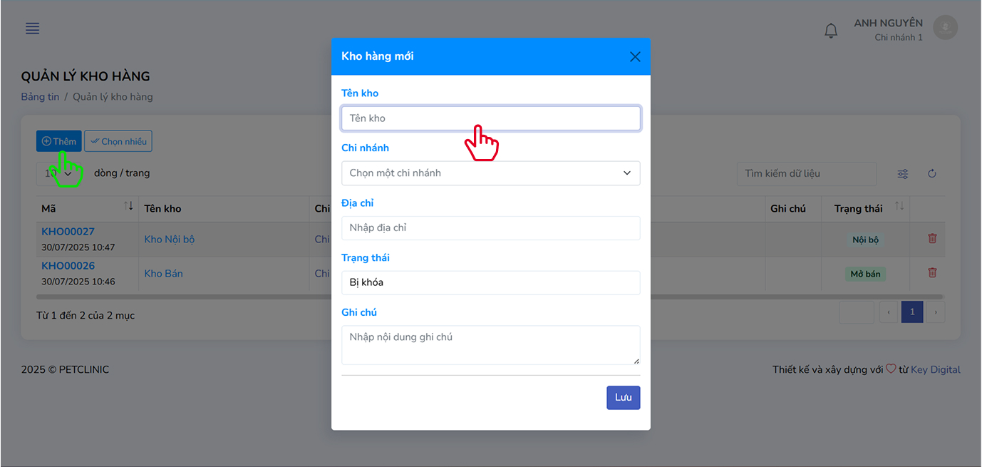 Form tạo kho mới