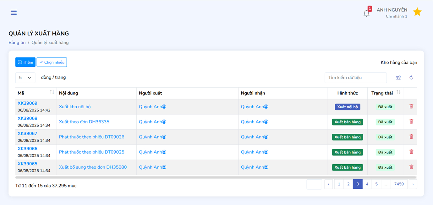 Giao diện xuất kho