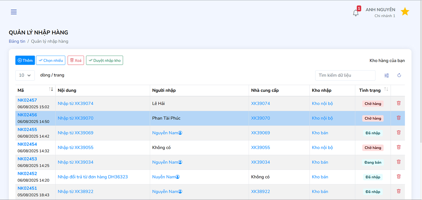 Form nhập hàng chi tiết