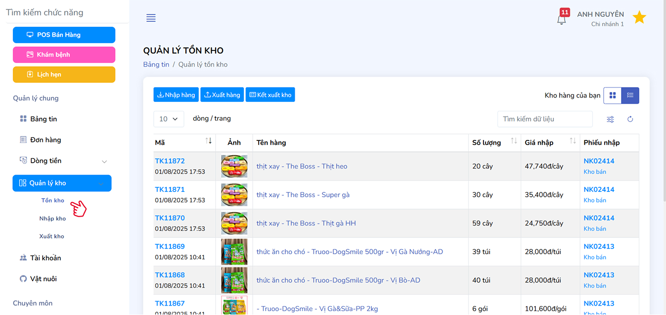 Giao diện danh sách tồn kho