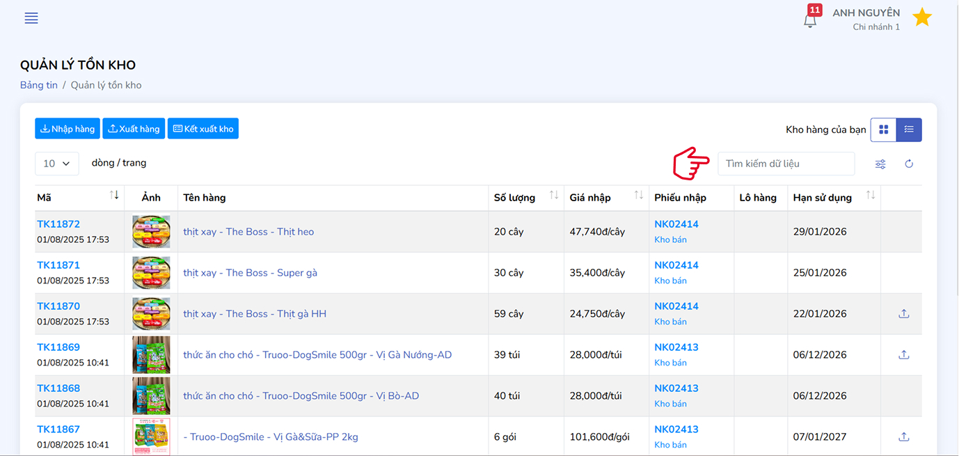 Tìm kiếm và chế độ xem lưới/danh sách