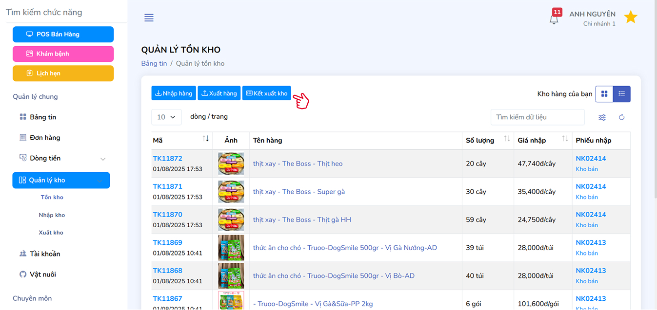 Giao diện kết xuất kho