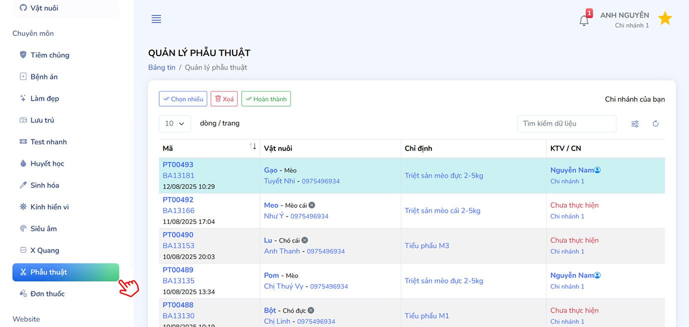 Truy cập danh sách phiếu phẫu thuật