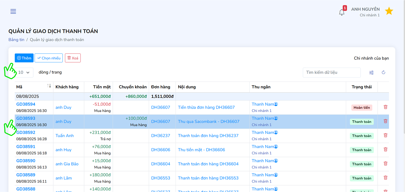 Danh sách giao dịch - Thêm mới