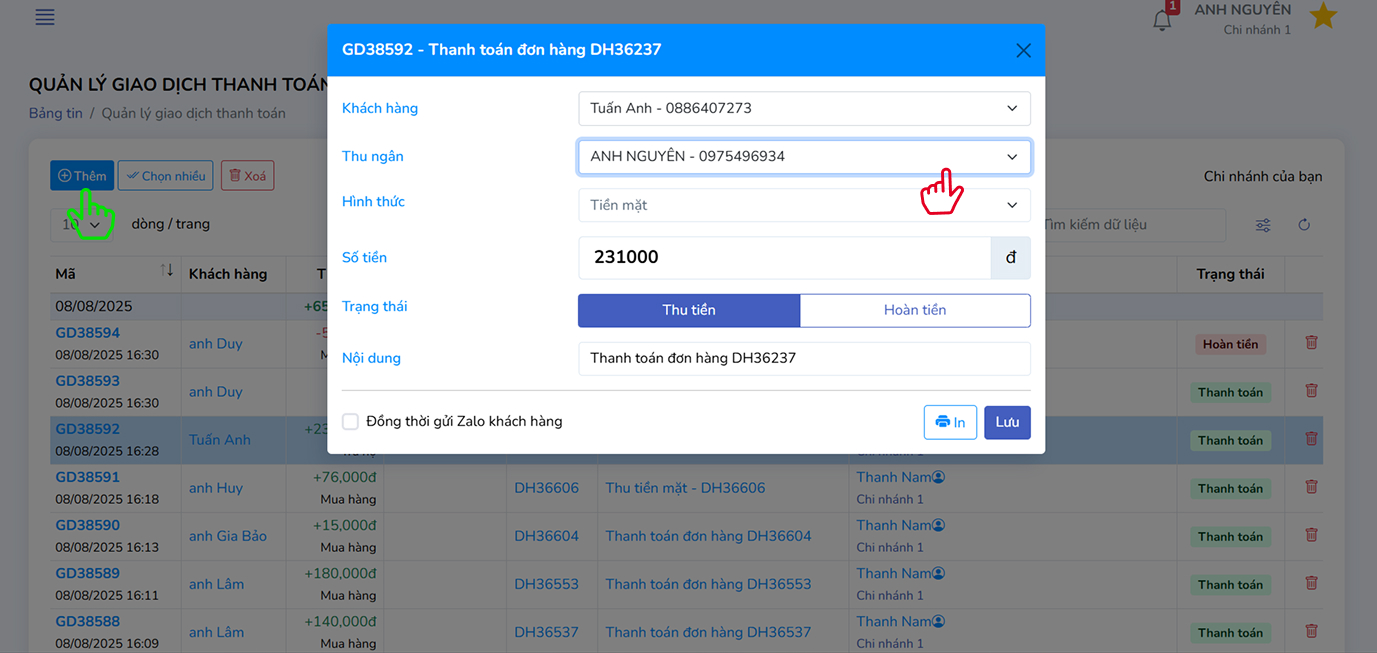 Form tạo giao dịch mới