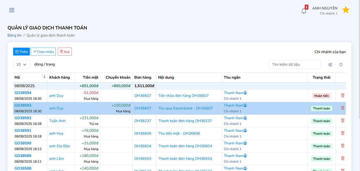 Giao diện quản lý giao dịch thanh toán