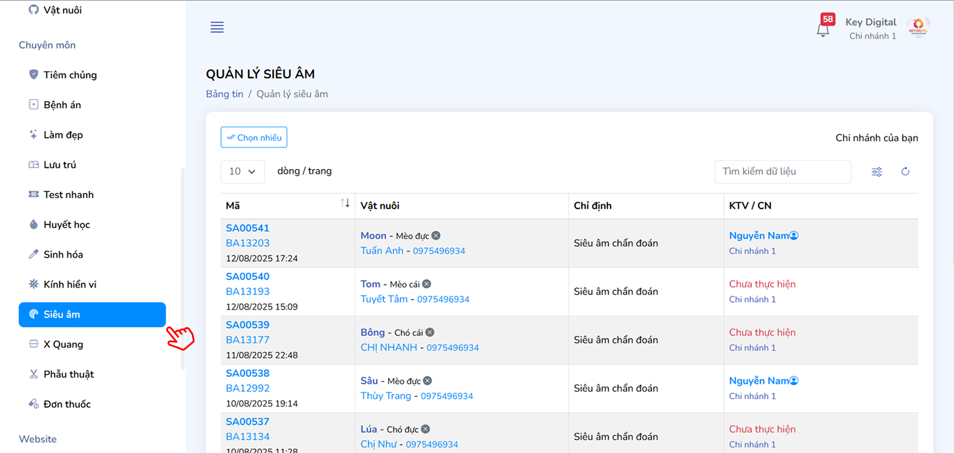 Truy cập danh sách phiếu siêu âm